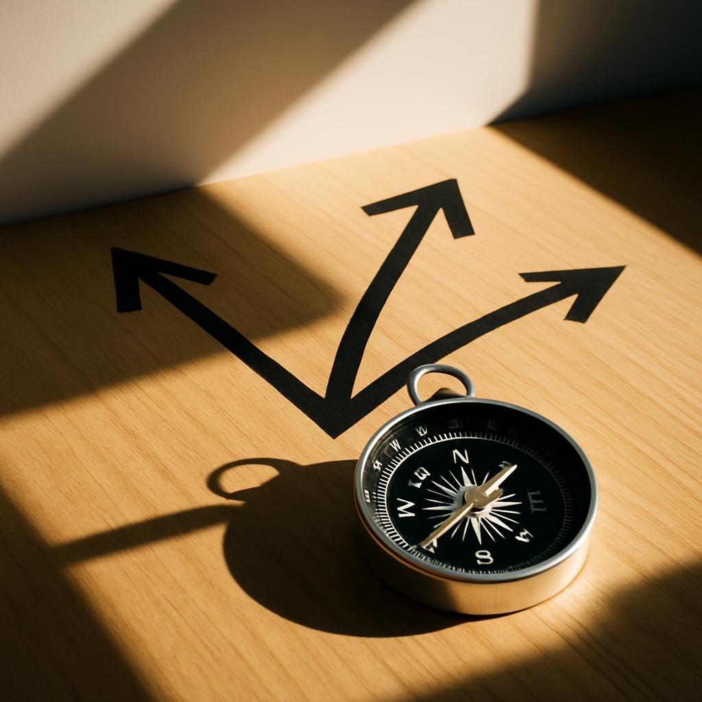 A compass on a wooden surface with three black arrows pointing in different directions.