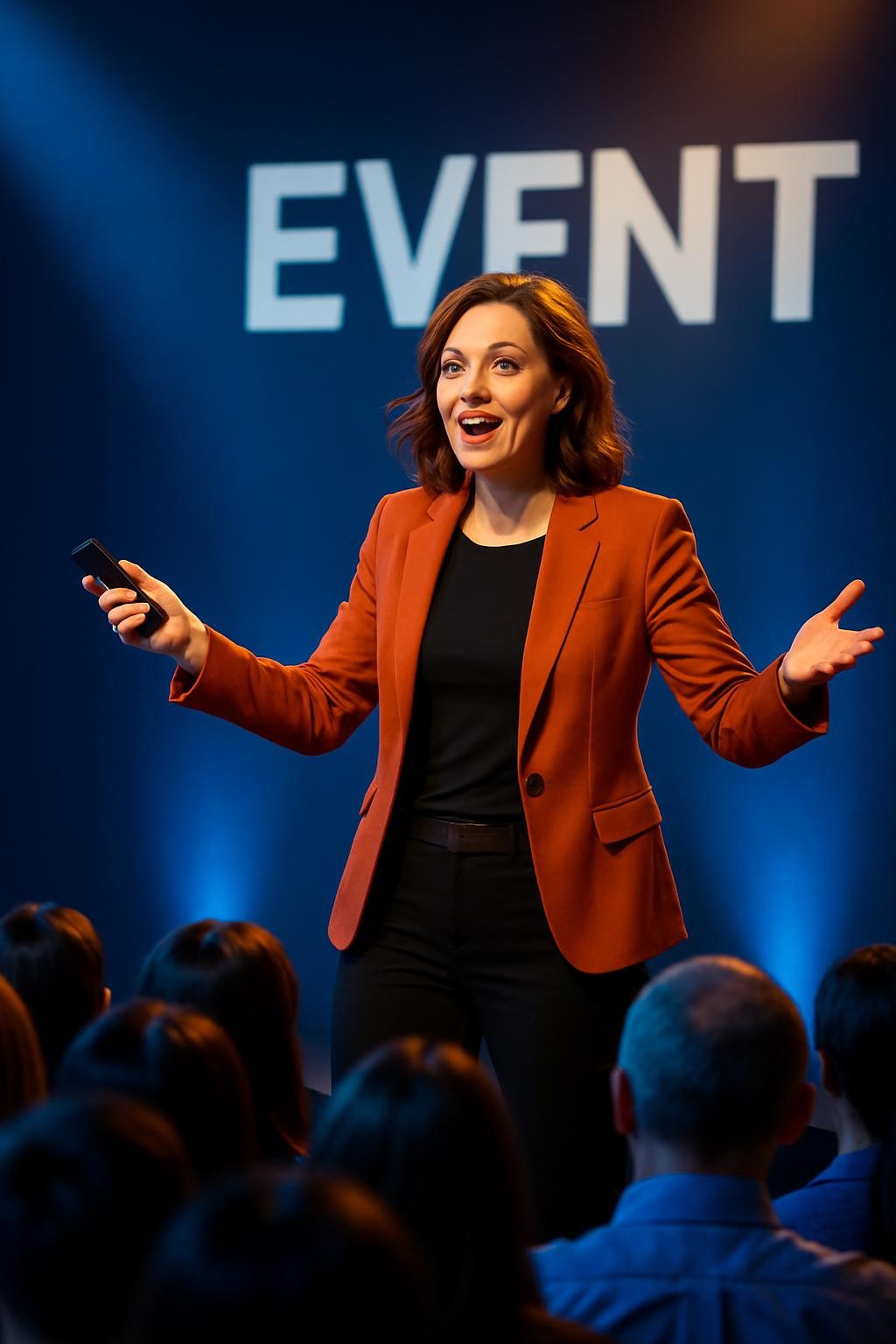 a dynamic female speaker presenting on stage to an engaged audience at an event