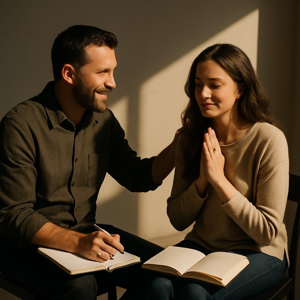 A faith-based coaching session—an uplifting scene with a coach and client having a sincere conversation, open notebooks and a sense of hope and support.