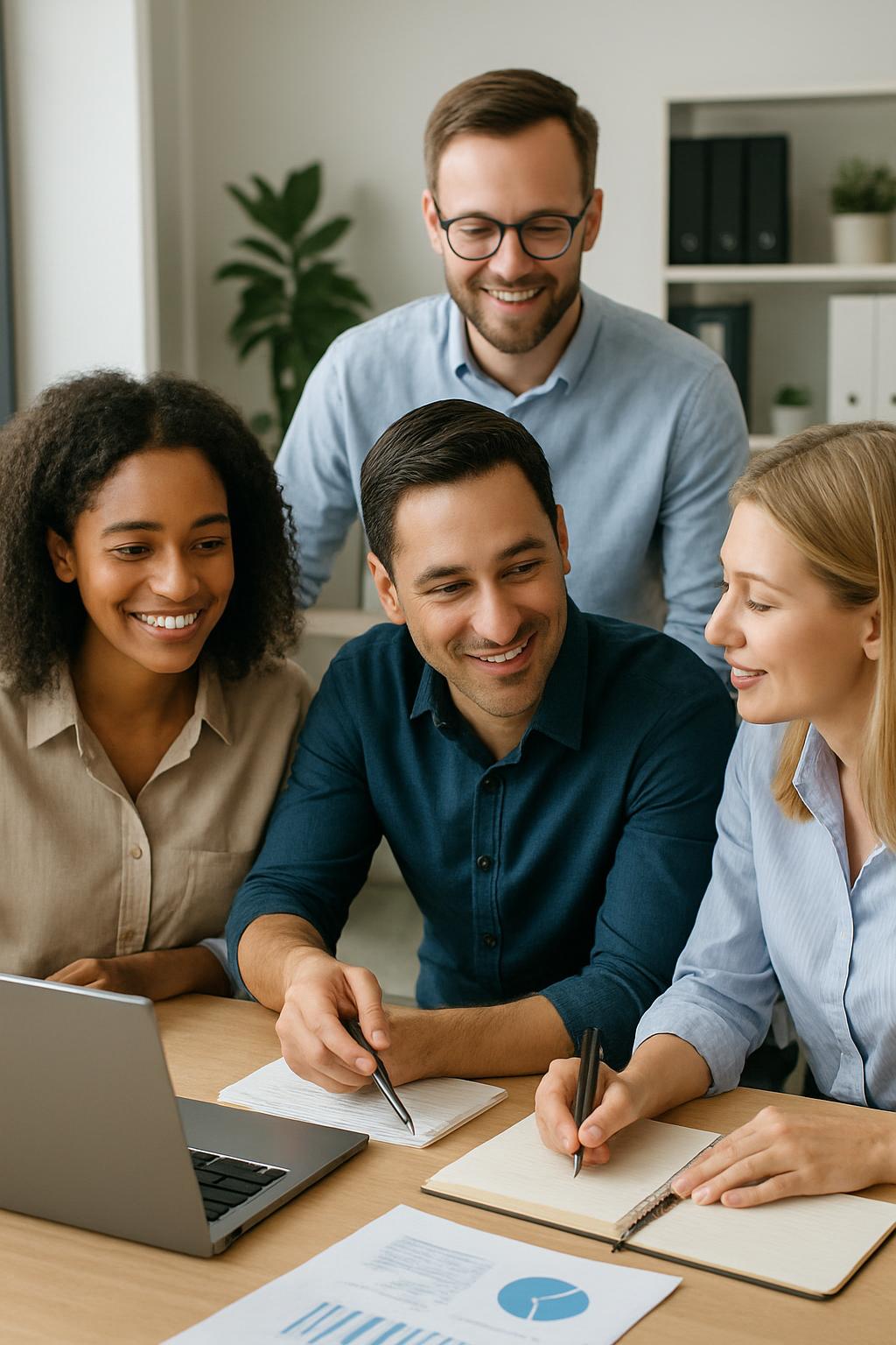 A diverse group of four coworkers from different ethnicities or genders discuss work projects and collaborate for success ...