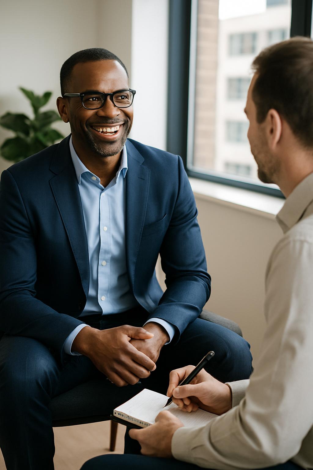 Two men in business attire sitting on chairs, one person taking notes while the other smiles.