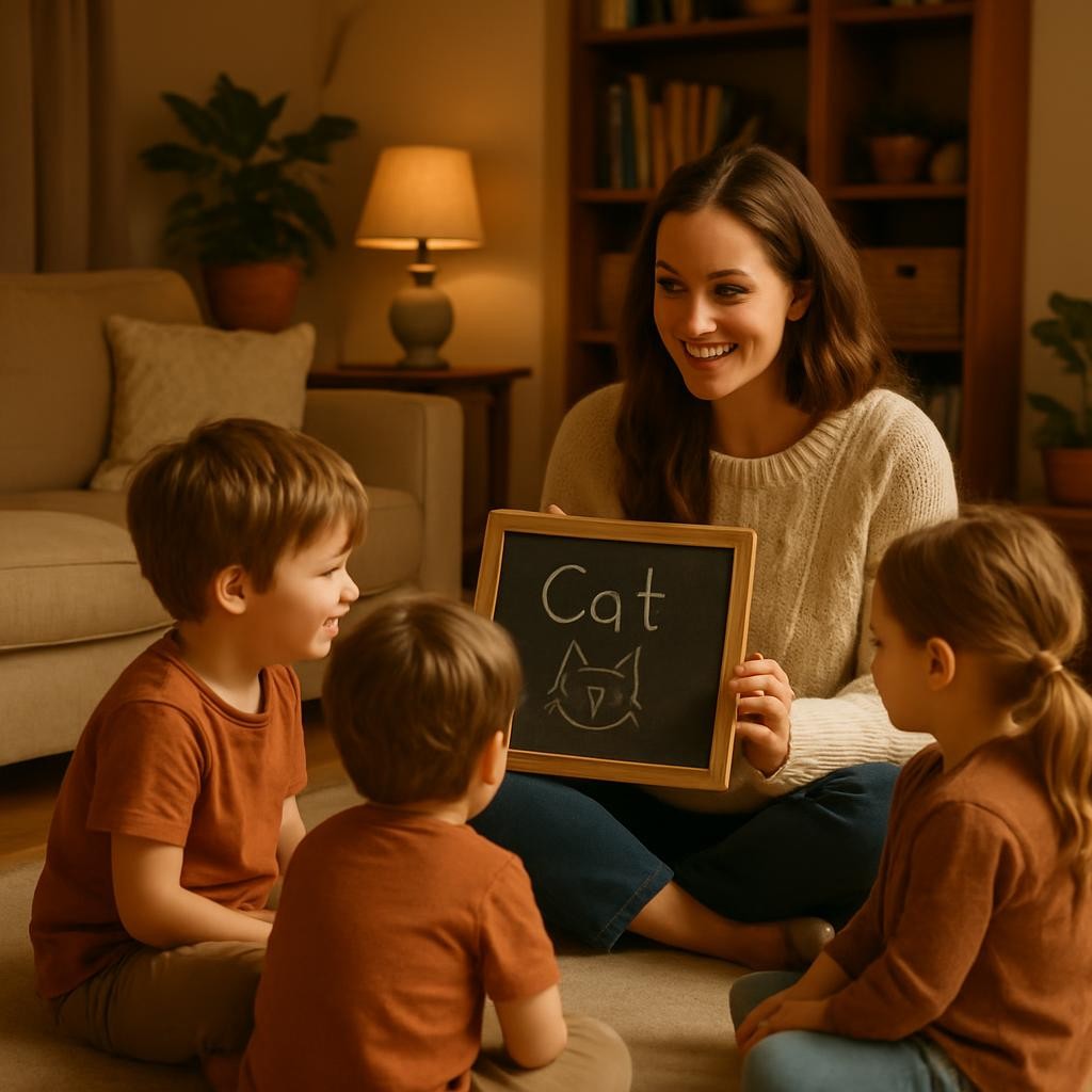 A woman teaching children in a cozy home environment. The setting is warm and inviting, with children gathered around, learning and engaging with the teacher.