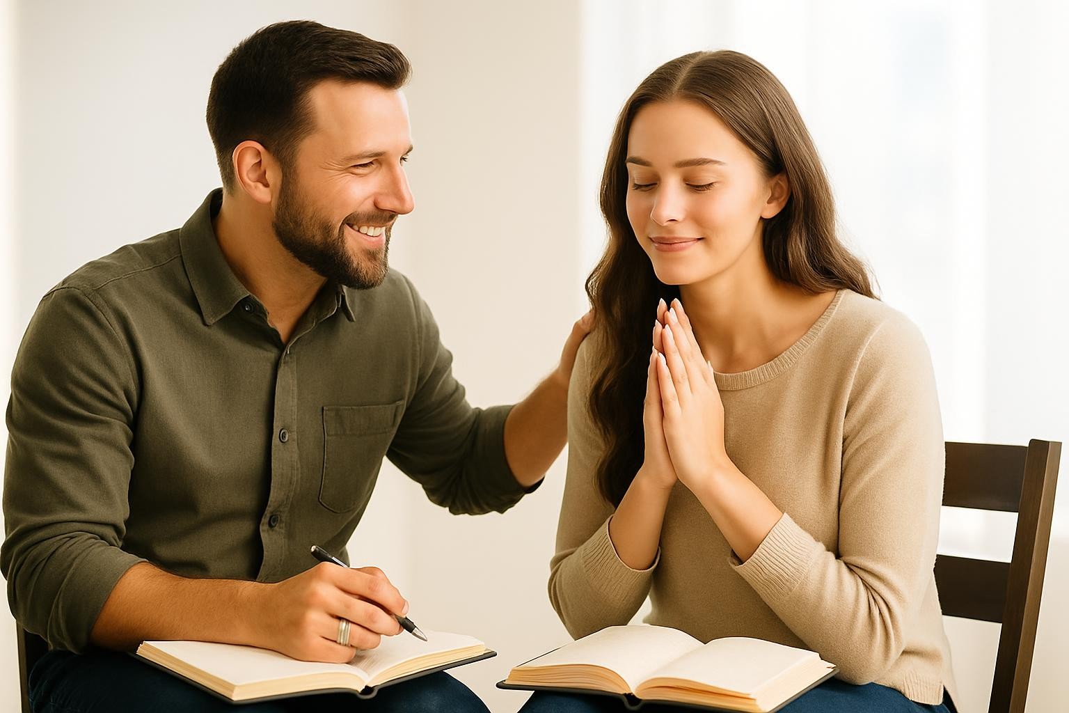 Brighten the image of a woman praying next to a man in a faith-based coaching session. The setting is uplifting, with open notebooks and a sense of hope and support.