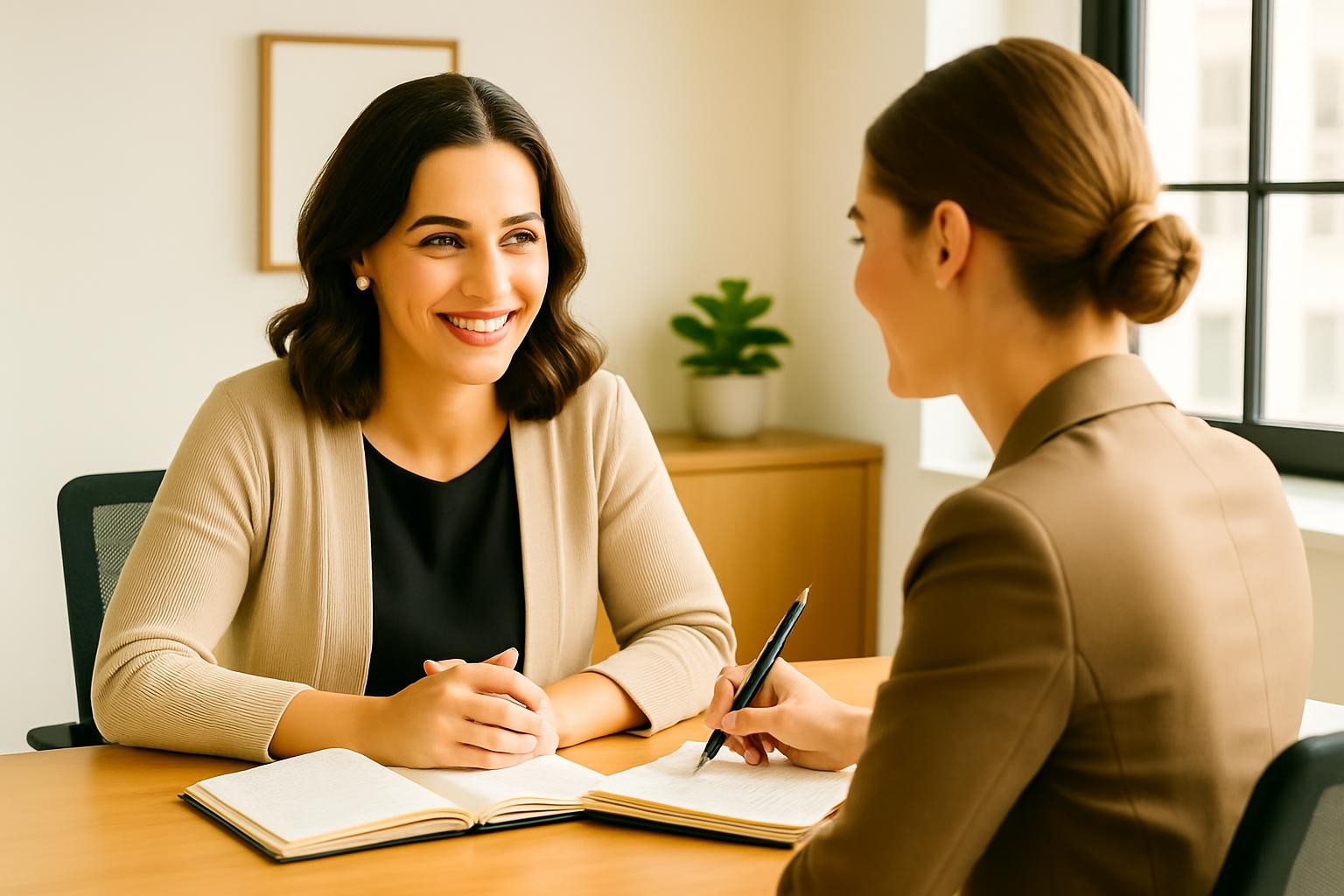 Brighten the image of two women in business, making the scene more vibrant and lively while maintaining professionalism.